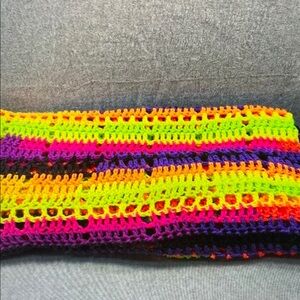Handmade Neon Crochet Blanket Throw Vibrant Striped Pattern Multi-Color Soft Lig